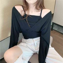 Fashion Women's Sweater Fall Fake Two-piece Leaky Shoulder Sexy Vest Stitching Knitwear 210520