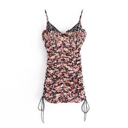 FABPOP Summer Design Sleeveless Spaghettri Strap Lace Drawstring Floral Print High Waist Short Mini Dress Women GB350 210709