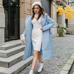 Casual light blue autumn winter women long parkas Warm hooded sleeve female jacket High street Down Jackets 210923