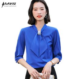 Blue Shirt Women Temperament Summer Half Sleeve Design Bow Chiffon Blouses Office Ladies Casual Work Tops 210604
