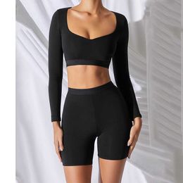 LadyTale Two Pieces Casual Tracksuit Women Set Black Plus Size Long Sleeve Crop Top And Shorts Set Party Club Two Piece Outfits Y0702