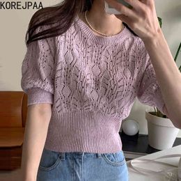 Women Sweater Summer Korean Chic Gentle Temperament Round Neck Hollow Crochet Design Slimming Knitted Pullovers 210514