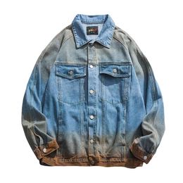 Light Blue Denim Jacket Turn Down Collar Button Long Sleeves Tie Dye Print Letter Loose Oversize C0510 210514