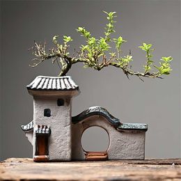 Chinese Antique House Retro Building Ceramic Flower Pot Decoration Garden Bonsai Figurines Miniatures Home Ornaments Free Ship 211105