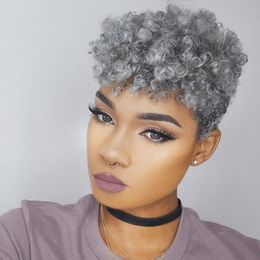 Afro kinky curly real hair Salt & pepper wig human hairs grey women bob Glueless non lace wigs short pixie cut 8inch