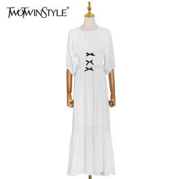 Elegant Lace Up Dress For Women O Neck Short Sleeve High Waist Patchwork Bow White Dresses Female Fashion 210520
