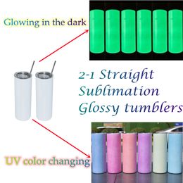 20oz Sublimation straight Tumblers UV Colour Changing & glowing in dark 2-in-1 Glossy tumbler Stainless Steel DIY Blank cups Water Double Wall Insulated Travel Bottle