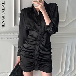 SHENGPLLAE Korean Chic Glossy Dress Women's Spring Lapel Single Breasted Waist Long Sleeve Pleated Dresses Female 5A141 210427