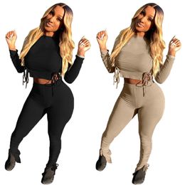 Women knitted ribbed tracksuits Fall winter Clothes long sleeve outfits bandage sweatshirt+stacked pants two Piece set Plus size Casual black sweatsuits 5871