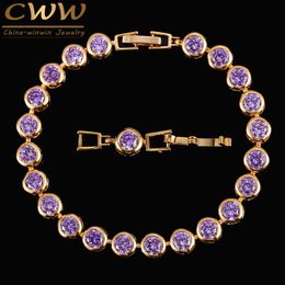 Purple Crystal Jewellery Women Gold Colour CZ Connected Chain Link Bracelets with Extended Clasp CB152
