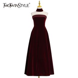 TWOTWINSTYLE Velour Black Dress For Women Stand Collar Strapless High Waist Sleeveless Midi Party Dresses Female Fashion 210517