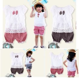 Summer Girls Clothes Sets Layers T-Shirts Grid Pants Baby Girl Clothing Suit Hollow Tops Jumper Children Outfit 210413