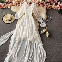 Beach Style Solid White Dress Women V-neck Asymmetrical Long Dresses Summer Korean Chic Vestidos De Mujer 210519