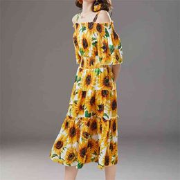 Spaghetti Strap Dress Summer Holiday Sunflower Print High Waist Long es Short Sleeve Fashion Elastic Vestidos 210601