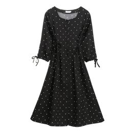 Black Polka Dot V Neck Half Sleeve Button Fit And Flare Midi Dress Elegant Vintage Retro Summer Autumn D0803 210514