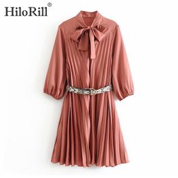 Women Chic Pleated Pink Dress With Snake Belt Elegant Bow Tie Collar Party Mini es Female A Line Short 210508