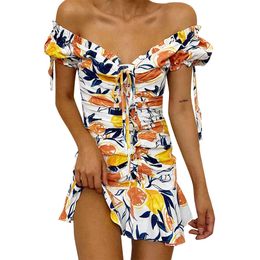 Sexy Off Shoulder Cross Bandage Party Dress Women Short Sleeve High Waist Orange Print Ruffle Mini Bodycon Summer Dress Vestidos 210507