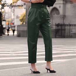 Colysmo PU Leather Pants Women Sexy Button High Waist Trousers Solid Color Straight Autumn y2k Clothes Casual Streetwear 210527