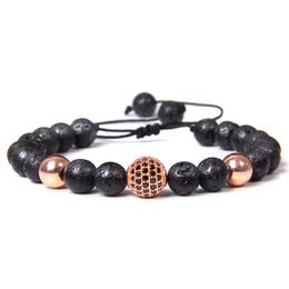 Women's Men's Black Zircon Micro Beaded Bracelets Hand Woven Natural lava Stone Bead Adjustable Rope Bracelet