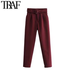 Women Vintage Stylish Office Wear High Waisted Pants Fashion Zipper Fly With Belt Pockets Female Ankle Trousers Pantalones 210507