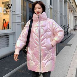 Chic Shiny Neon Down Jacket Women Oversized Casual Loose Ultra Light Overcoat Winter Thicken Warm Midi Long Down Coat 210419