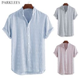 Stand Collar Men Vertical Stripe Shirt Casual Loose Mens Summer Shirts Button Comfortable Men Short Sleeve Shirt Men Clothing 210524