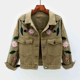 Women White Pink Khaki Denim Jacket Turn Down Collar Long Sleeve Button Embroidery Beading Short C0511 210514