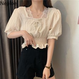 Neploe Vintage Blouse Women Square Collar Puff Sleeve Shirts Lace Patchwork White Short Blusas Mujer Korean Chic Beading Tops 210422