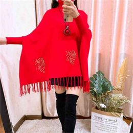 Autumn And Winter Knitted Sweater Women Large Size Loose Bat Shirt Mid-length High-neck Tassel Embroidered Flower Cape 210427