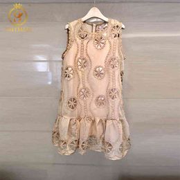 Elegant Embroidery Hollow Out Lace Ruffles Summer Dress Women 's Sleeveless O-neck Mini Vest Runway 210520