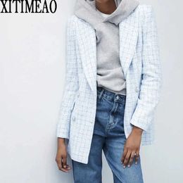 Za 2021 Women Suit Jacket T Blazer Women Jacket Female Double Breasted T Cheque Blazers Coat Plaid Chequered Blazer X0721