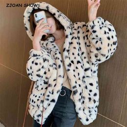 HIGH QUALITY Winter Stay Warm Oversize Hooded Large size Leopard Faux Fur Coat Casual Long sleeve Women Jacket Outwear 210429