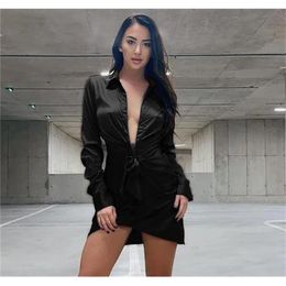 Women Sexy V Neck Long Sleeve Elegant Black Satin Dress Ladies Club Evening Celebrity Bodycon Party With BeltVestido 210527