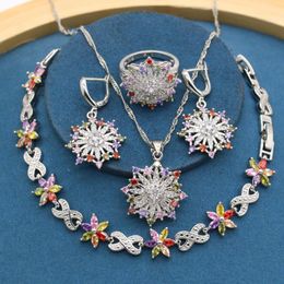 Earrings & Necklace Flower Shape Multi Color Zirconia Silver Jewelry Sets For Women Wedding Bracelet Ring With Gift Box