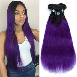 Coloured 1B Purple Straight Natural Human Hair Bundles Brazilian Virgin Ombre Weave 3pcs Deals Two Tone Reinforced Sew In Extensions