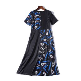 Summer Women Black Spliced mesh Short-Sleeve Knee-Length Dress Loose Plus Size Printing Office Lady D3032 210514