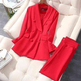 M-5XL plus size women's suit pants professional wear interview Double breasted red ladies jacket Casual trousers Two-piece 210527