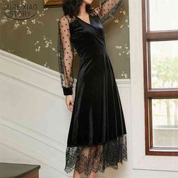 Spring Fashion Velvet Women Lace Dress Black Long Vintage Sleeve Mesh for V-Neck Robe Femme 13084 210508