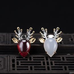 Christmas Jewelry 925 Sterling Silver Brooch Elk Dear Pin Women Accessories Chalcedony Garnet Brooches Eve Day Gifts Luxury