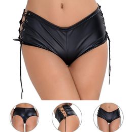 Women Patent Leather Lace Up Mini Shorts Clubwear Low Waist Slim Skinny Latex For Party Dance Nightclub Performance Women's