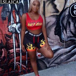 Two Piece Tank Top&Biker Shorts Letter Flame Print Casual Women Suits Sporty Outfits For Fitness Fashion Sets 210515