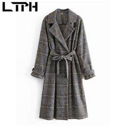 Long Vintage Plaid Woollen Jacket Coat Sleeve Lapel Street s Casual Sashes Slim Elegant Chic Coats Winter 210427