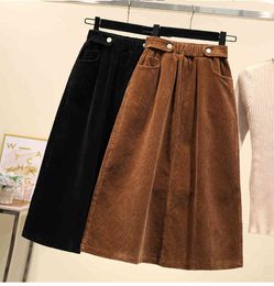 Plus Size Women Corduroy Skirt Autumn Winter Vintage Harajuku Loose A-line Female Long High Waist Lady Faldas 5XL 929i 210420