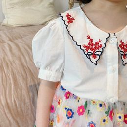 Baby Girls Embroidered Plaid Shirt Sweet Toddler Blouse Infant Summer Short Sleeve Children Cotton Shirts Kids Tops Pants 210615