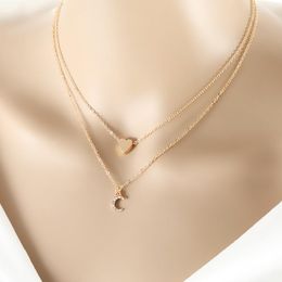 Pendant Necklaces Korean Version Of The Fashion Multi-layer Heart-shaped Moon Clavicle Chain Niche Design Retro Double-layer Necklace