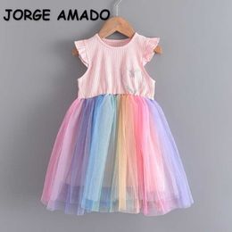 Summer Kids Girls Dress Sleeveless Rainbow Princess Cute Style Children Fashion Clothes E555 210610