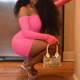 Spring Mesh Patchwork Bodycon Mini Dress Neon Pink Long Sleeve Off Shoulder Skinny Elastic Party Vestidos OMSJ Clubwear 210517