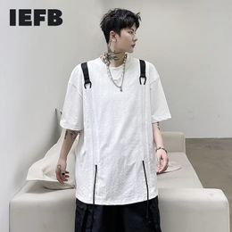 IEFB Fashion Niche Personality Round Neck T-shirt Men's Drawstring Design Black White Cusual Mid Length Tee Tops 9Y1235 210524