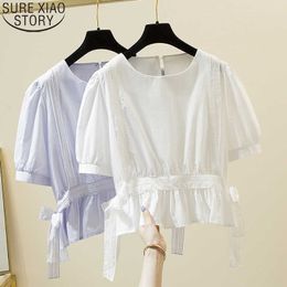 Simple Sold White Blouse with Lace Plus Size Women Clothing 4XL Loose Shirt Ladies Tops Summer Puff Sleeve O-neck Blouses 14838 210528