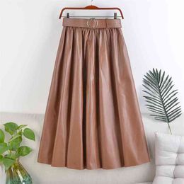 Neophil Winter Women PU Faux Leather Midi Skirts Fashion Vintage Sashes A-Line High Waist Flare Belt Skirt Longa Saia S92N6 210401